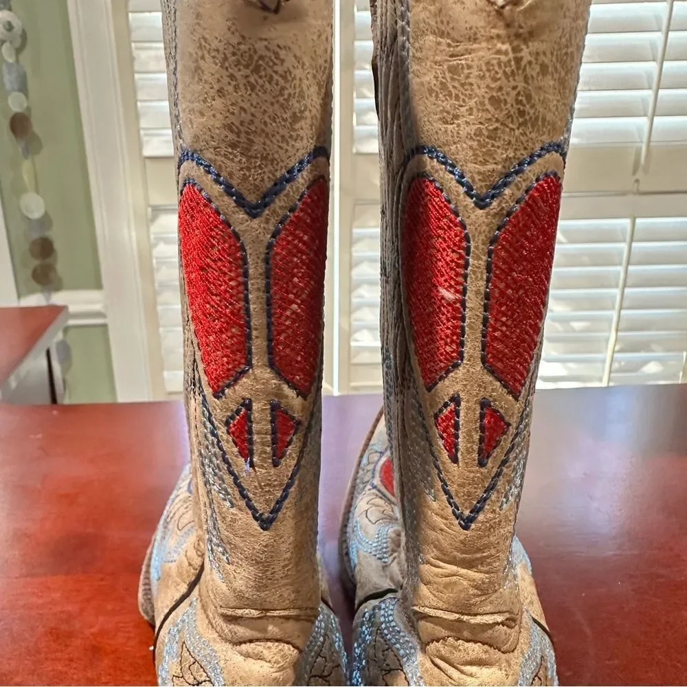 Corral Tan Leather Kids Cowboy Boots with Red Heart and Blue Wing Embroidery